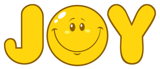 Simple Joy Yellow Logo With Smiley Face Cartoon Character. Illustration Isolated On White Background