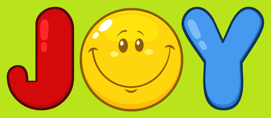 Joy Logo With Smiley Face Cartoon Character. Illustration With Green Background