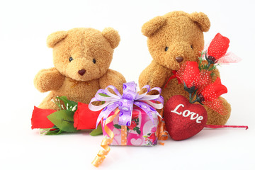 Two brown teddy bear holding a rose and a gift box on a white background.