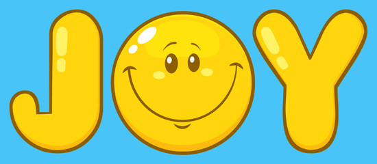 Joy Yellow Logo With Emoji Face Cartoon Character. Illustration With Blue Background