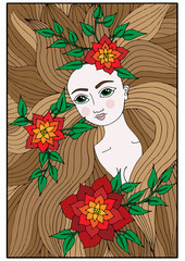 Colorful portrait of a beautiful girl with long hair with red flower and leaves
