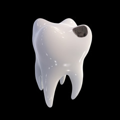 Human tooth with black hole. Dental caries, 3D illustration
