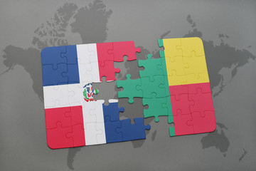 puzzle with the national flag of dominican republic and benin on a world map