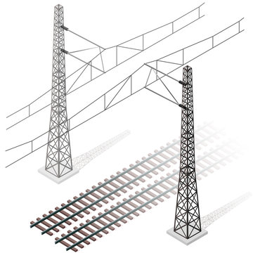 Vector Railway In Isometric 3d Perspective Isolated On White Background With Railroad Train Power Lines. Pylons With Trolley. Industrial Transportation Building. Metallic Track Architecture With Frets