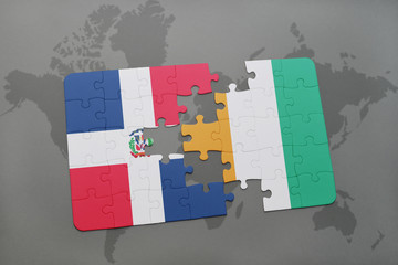 puzzle with the national flag of dominican republic and cote divoire on a world map