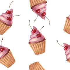 Seamless pattern with hand drawn watercolor cupcakes on white. Print on fabric, background for web or advertising