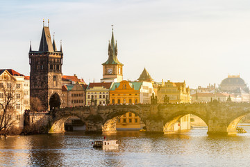 Fototapeta na wymiar View of Charles Bridge (Karluv most) and Old Town Bridge Tower, Prague, Czechia