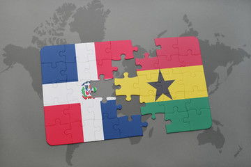 puzzle with the national flag of dominican republic and ghana on a world map