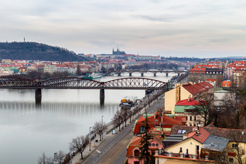 Fototapeta na wymiar View from the Vysehrad to the castle and river Vltava with bridges, Prague, Czech republic. Travel destination