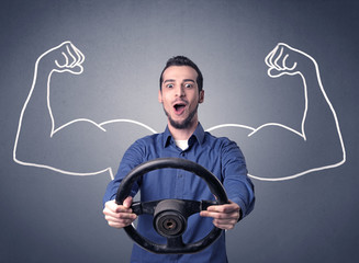 Man holding steering wheel