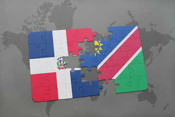 puzzle with the national flag of dominican republic and namibia on a world map