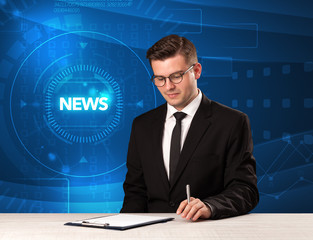 Modern televison presenter telling the news with tehnology background