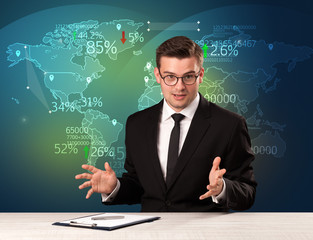 Trade market analyst is studio reporting world trading news with map concept