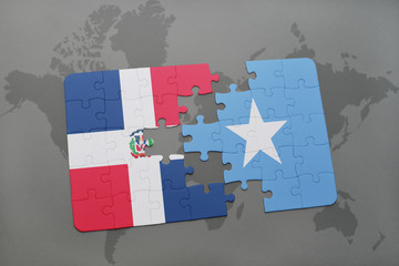 puzzle with the national flag of dominican republic and somalia on a world map