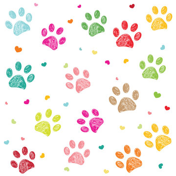 Colorful paw print with hearts background
