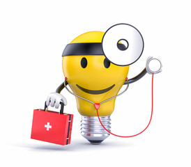 Character light bulb dressed as doctor. 3d illustration