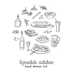 Vector hand drawn set of spanish cuisine: soup, liver in garlic Paella, meal with rice and seafood, fried cookie churros.
