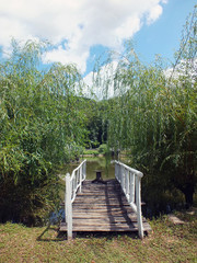 Wooden bridge leading to the lake. Summer vacations