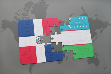 puzzle with the national flag of dominican republic and uzbekistan on a world map