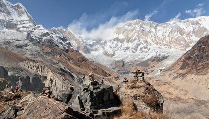 Annapurna wall, main circus glacier, and small ritual pyramid - Nepal, Himalayas