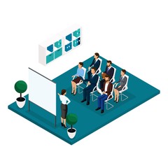 Trend Isometric people learning concept front view, coachers, training, lecture, meeting, brainstorm, businessmen and business woman in suits isolated