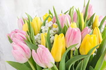 Beautiful spring bouquet of yellow and pink tulip on a white background with copy space for your spring wishes.