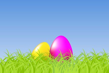 Vector illustration with eggs and green grass on a blue background.