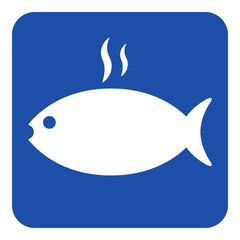 blue, white sign - grilling fish with smoke icon