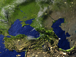 Caucasus region at night on realistic model of Earth