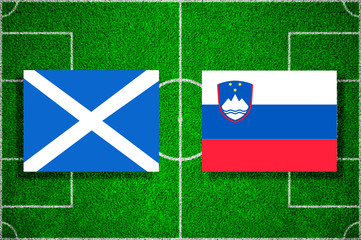 Flag of Scotland - Slovenia on the football field. 2018 football qualifiers