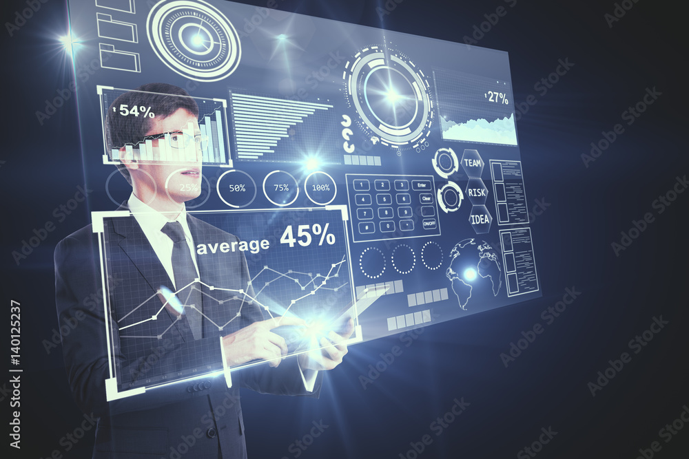 Poster Man using device with charts