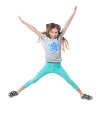 Teen jumping high, isolated on white background