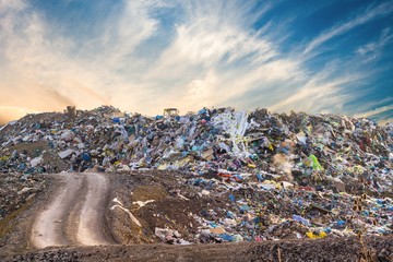 Garbage pile in trash dump or landfill. Pollution concept. - obrazy, fototapety, plakaty