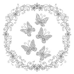 zen ornamental butterfies into floral mandala