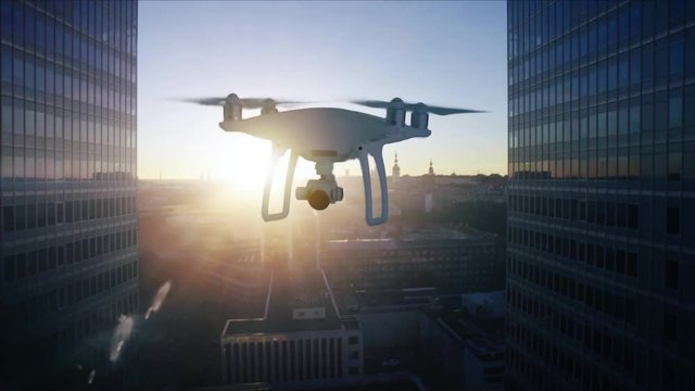 Aerial Shot of a Drone Flying Between Two Skyscrapers.  Shot on 4K (UHD) Camera.