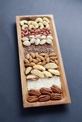 Assorted mixed nuts, peanuts, almonds, pistachios, pecan, cashew, hazelnuts, sesame seeds, line seeds, brazil
