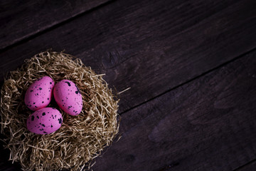 Obraz premium Easter theme. handmade Egg bokeh background, place for typography, Happy Easter