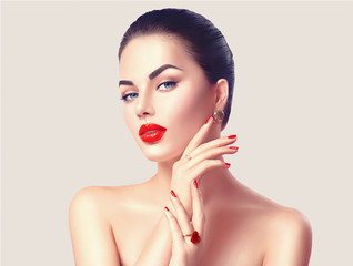 Sexy woman with red lips and nails closeup. Makeup concept