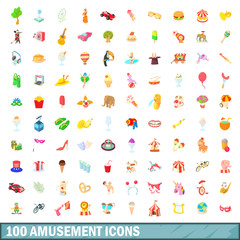 100 amusement icons set, cartoon style