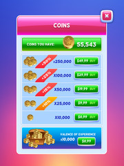 Game UI. Virtual currency bank screen.