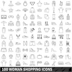 100 woman shopping icons set, outline style