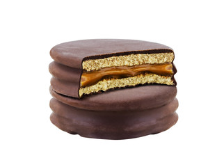 advice with bite chocolate alfajor biscuit cookie, caramel filled and white background
