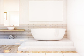 Fototapeta na wymiar Bathroom with a mirror and poster, white, toned