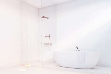 Fototapeta na wymiar Luxury bathroom with glass wall, corner, toned