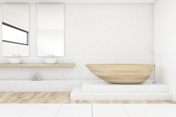 Obraz na płótnie Canvas Bathroom with two mirrors, wood and white