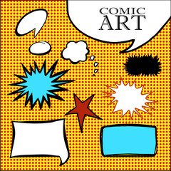 Obraz premium hand drawn comic art speech bubbles, stars, cloud text boxes, shapes, red and yellow benday dot background, comic book and cartoon strip design elements
