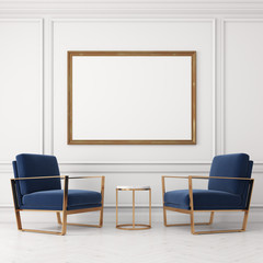 Two blue armchairs and a poster