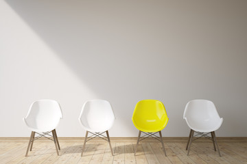 Three white chairs and a yellow one - obrazy, fototapety, plakaty