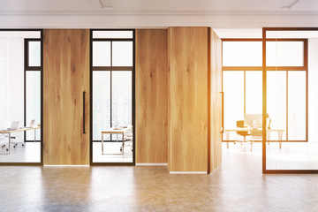Glass and wooden walls office lobby, toned