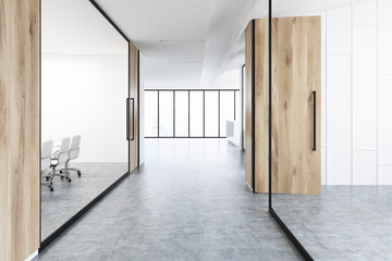 Office corridor with wood and glass